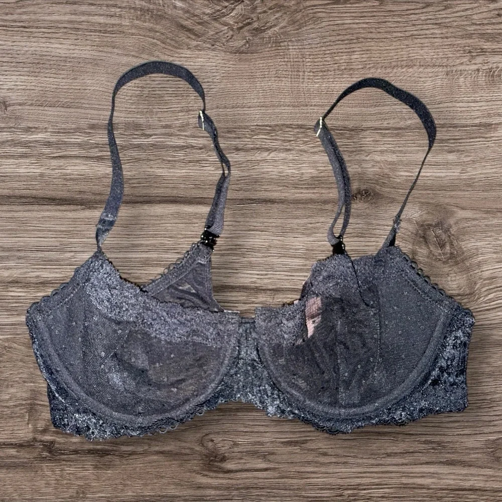 DOBREVA Black Shimmer Lace Underwire Bra 36B Sheer Mesh Lingerie